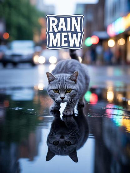 ②«#aiart Generated by ideogramai »
(Rain Mew movie poster, with the "Rain Mew" logo at the top center) Close-up (photo of cat and puddle), gray striped cat peering into puddle. The puddle reflects the gray striped cat peering in. The cat takes a threatening step toward the cat in the puddle.