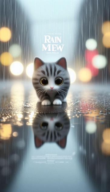 ③«Generated by MicrosoftDesigner»
A movie poster in the style of a quirky animated film, featuring the "Rain Mew" logo prominently displayed at the top center. The central focus is a close-up, softly lit photo of a gray striped cat cautiously peering into a rain-filled puddle, with the cat’s reflection staring back. The cat takes a deliberate, threatening step towards its reflection in the puddle, creating a sense of playful mystery. A blurred, bokeh-filled background of a rainy city street hints at a whimsical, rainy adventure, with subtle neon lights reflecting in the water.