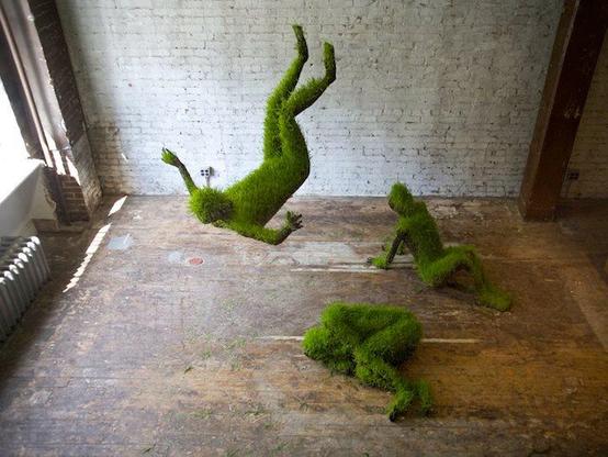 25.08.79 by Mathilde Roussel, 2010 (soil, wheat seeds, recycled metal, fabric) (scuptures of people made of soil and growing grass)