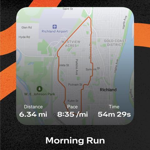 A map showing a 6.34 mile run in 54:29