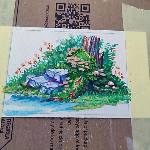Dritter Zwischenschritt. Mit Gouache sind helle Details gesetzt. Das Blattwerk im Hintergrund ist ausgearbeitet, rosa Pilze heben sich vom Moos ab. Das Moos wirkt plastischer durch helle und dunkle Schattierungen