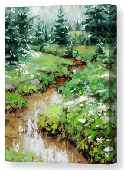 Canvas print of an original oil painting depicting a light dusting of snow on a wilderness landscape.