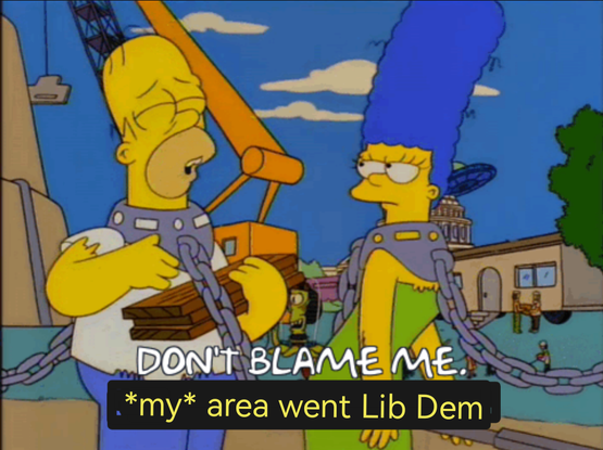 Homer Simpson, enslaved and forced to work on Kang's Death Ray, declaring "Don't blame me, my area went Lib Dem". 
