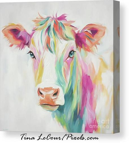 This is a canvas of a painted cow named Cotton Candy done in rainbow colors against a soft white background. 