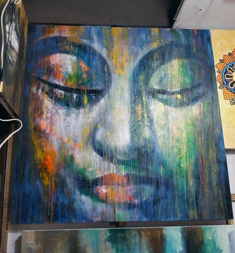a painting of a face, the eyes closed, a ain of colors coming down