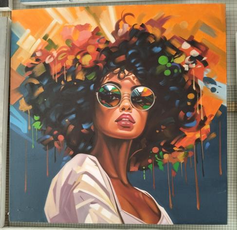 a painting of a slender young woman , seen from the side from her torso up, wearing round sunglasses, looking at the viewer, her voluminous hair becomes abstract impressionist-type colors at the edges, drip effects coming down
