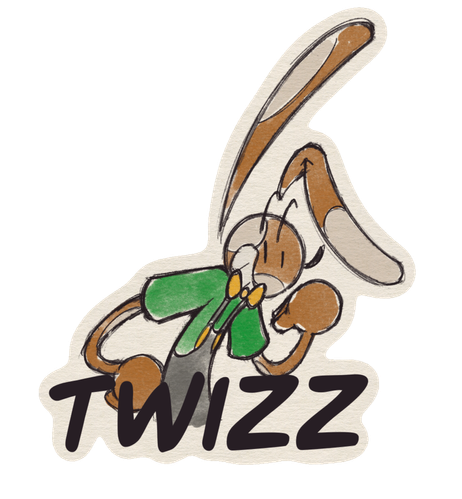 A badge that says "Twizz". It shows brown rabbit with cream spots, a green shirt, gray overalls, with yellow buttons and a yellow bowtie. He is smiling while gesturing at himself