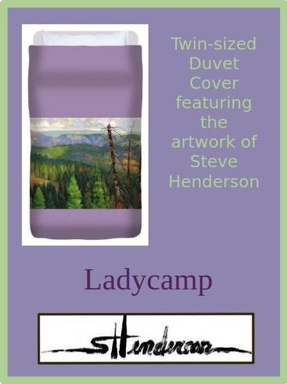 Duvet cover featuring artwork of a wilderness forest against a soft lavender background.