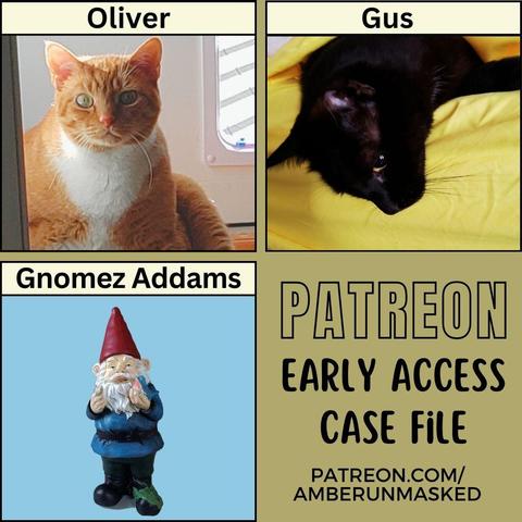 Collage: against an olive green background is a collage of 3 images:
orange and white cat Oliver sitting inside in a sun patch (text above: Oliver); black cat Gus hanging his head over the side of a bed. (text above: Gus); photo of a garden gnome statue (text above: Gnomez Addamst)
text: Patreon early access case file patreon.com/amberunmasked