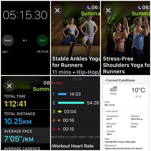 Grid of iOS screenshots:
1) Timer app showing 05:15.30.

2) Apple Fitness Stable Ankles Yoga for Runners, 11 mins.

3) Apple Fitness Stress-free shoulders Yoga for Runners, 11 mins.

4) Apple Fitness Running Details:
Total Time: 1:12:41.
Total Distance: 10.25 KM.
Average Pace: 7’05”/KM.

5) Apple Fitness Heart rate report:
Zone 1: 14:33.
Zone 2: 54:28.
Zone 3: 03:04.
Zone 4: 00:16.
Zone 5: 00:15.

6) Environment Canada site showing 10°C, 100% humidity, and 7 km/hr wind.