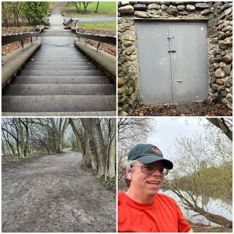 Grid of four photos:

1) Looking down the rather wet stairs at Strathcona Park.

2) Mysterious door built into the side of the hill in Strathcona park. When I run past it, I think about @BreakingImpossible’s door obsession.

3) Muddy gravel pathway through forest.

4) Selfie of smiling white man running with glasses, an orange shirt, and a black ball cap with Canadian and Ukrainian flags on it and running along the Rideau River withs some trees visible. This may become my new Mastodon avatar.