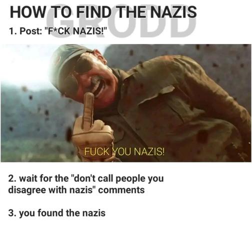 HOW TO FIND THE NAZIS 
(Background text: Grodd)
1. Post “Fuck Nazis”
(Picture of a man making an obscene gesture with his middle finger) 
2. Wait for the “don't call people you disagree with Nazis” comments
3. You found the Nazis