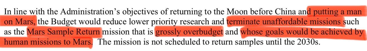 The image contains text discussing budget priorities related to lunar and Martian missions, highlighting the termination of the Mars Sample Return mission due to its overbudget status and redefining objectives for human missions to Mars set to return samples in the 2030s.