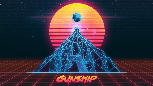 Digital image of the GUNSHIP mountain.
Against a back starfield on a neon pink-orange line grid extending to a horizon is a blue wire frame polygon mountain with a similar rock floating above the peak, behind which is a striped and flared yellow-orange sun.
Below is the legend "GUNSHIP" in yellow-orange.

Image from Discord invite background asset 93cc788220d7cb837190d141a37bad6e.jpg with size 4096.