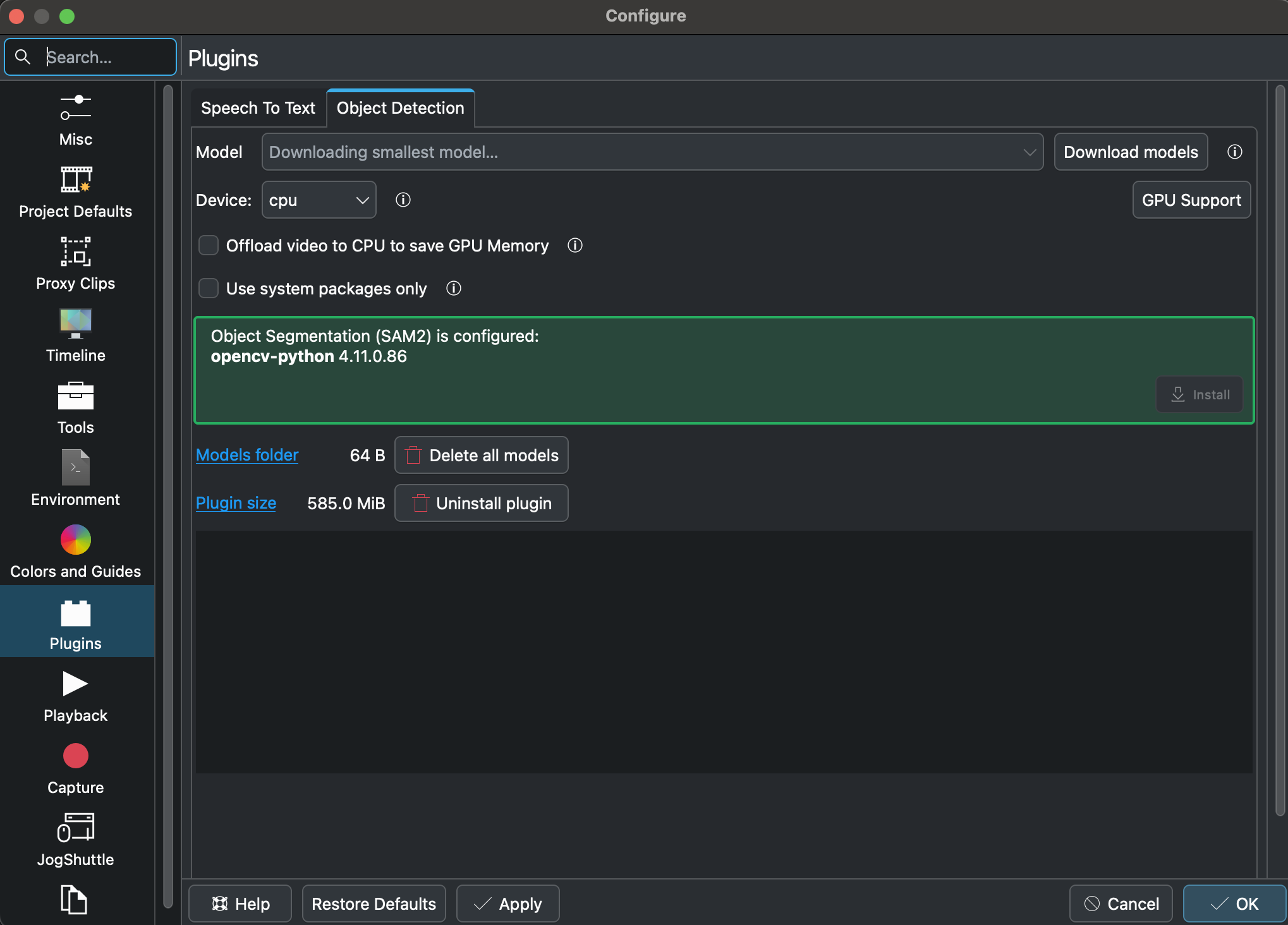 kdenlive plugin showing SAM2 is configured (green)