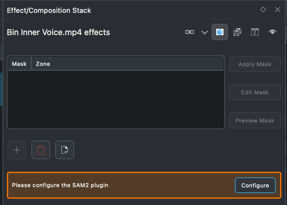 Effect stack view showing "Please configure the SAM2 plugin"