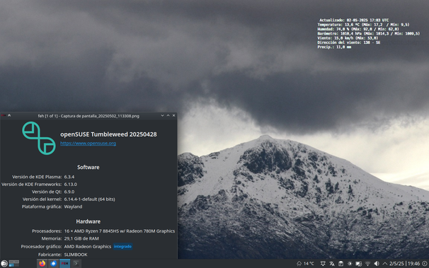 Captura de pantalla de un escritorio GNU/Linux Tumbleweed mas Plasma de KDE
Se mustra una foto de una montaña con información del tiempo e información técnica del equipo.
