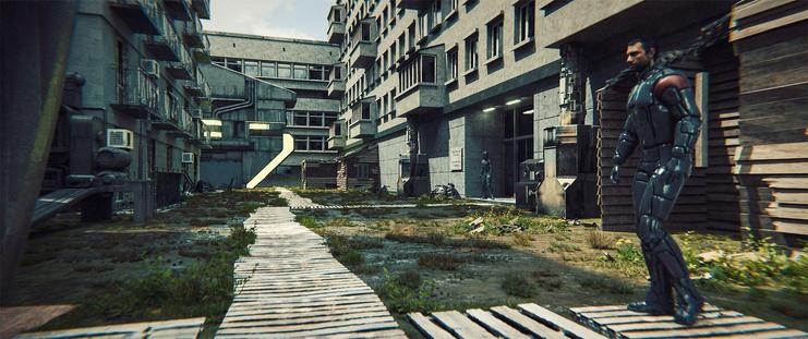 Wide shot, exterior, day -

The rear entrance to some older soviet-style housing, now seized and used by the Reznarian military. The ground is muddy, and paths have been laid out using wooden palettes.  A sign next to a doorway reads: "Вход для русских запрещен! Доступ только для Резнариана!", or "No Russians Allowed! Reznarians Only!"
