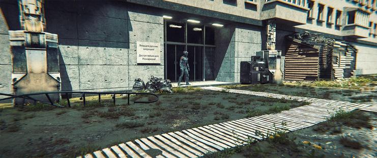 Wide shot, exterior, day -

The rear entrance to some older soviet-style housing, now seized and used by the Reznarian military. The ground is muddy, and paths have been laid out using wooden palettes.  A sign next to a doorway reads: "Вход для русских запрещен! Доступ только для Резнариана!", or "No Russians Allowed! Reznarians Only!"