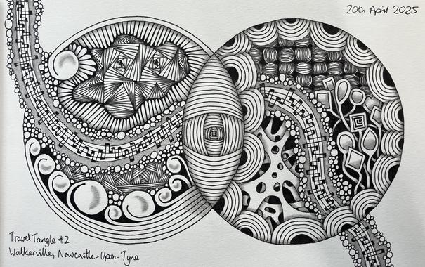 Finished drawing, black ink and graphite shading showing two intersecting circles with a ribbon joining them and flowing off the ends of the page. The circles are filled with many different Zentangle patterns. 