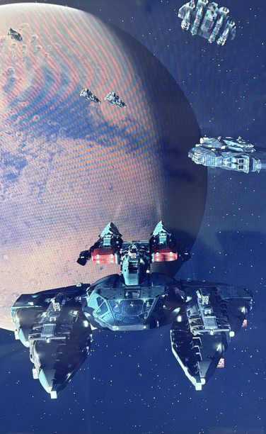 Starfield modded spacecraft flying away from Mars and the SysDef fleet 