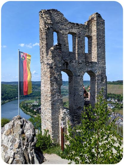 A castle ruin on a mountain overlooking the Moselle valley.