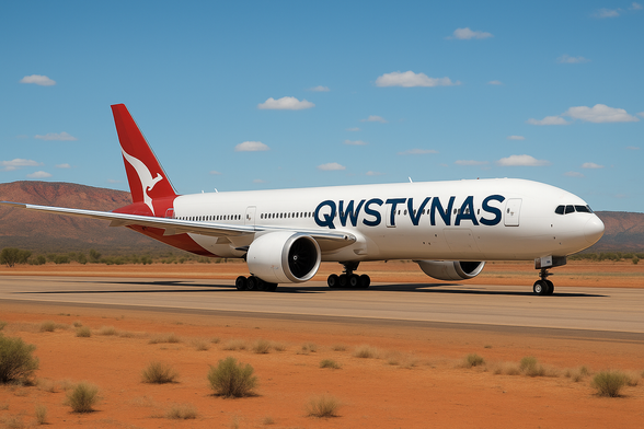 B777 with new QWSTVNAS livery in a dry rocky Alice Springs taxiway