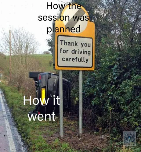 The image shows a roadside scene with a yellow road sign that reads "Thank you for driving carefully." The sign is positioned next to a black vehicle that has overturned onto its side, lying on the grass beside the road. The vehicle is partially obscured by bushes and trees, with its front end facing the sign. The road appears to be wet, suggesting recent rain. The sky is overcast, and the surrounding area is rural, with trees and greenery visible in the background. The text "How the session was planned" is overlaid at the top of the image, while "How it went" is placed at the bottom, humorously contrasting the intended outcome with the actual result.