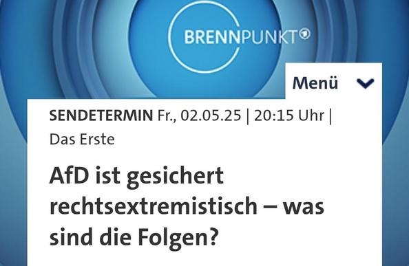 Screenshot der Webseite zum ARD-Brennpunkt: "AfD ist gesichert rechtsextremistisch - was sind die Folgen?"