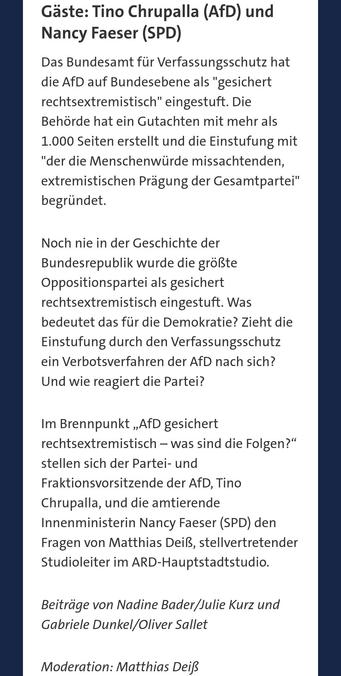 Screenshot der Webseite zum ARD-Brennpunkt: "AfD ist gesichert rechtsextremistisch - was sind die Folgen? Gäste: Tina Chrupalla (AfD) und Nancy Faeser (SPD)