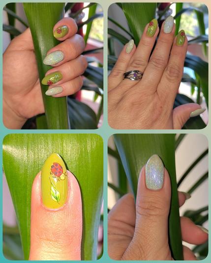 Grüne Fingernägel mit Marienkäfer und Blätter Sticker, mintfarbige Fingernägel mit Regenbogen Cateye Effekt