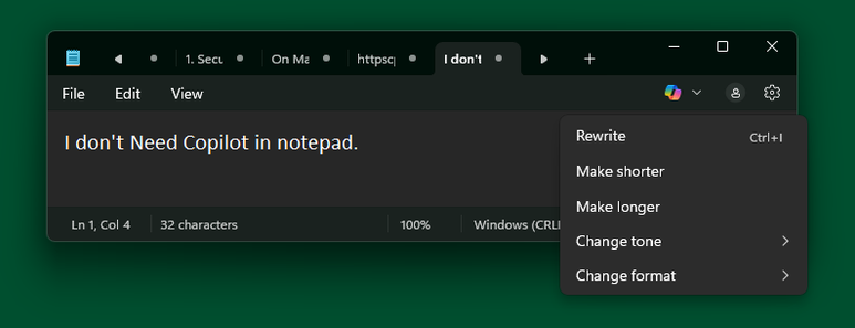 Notepad text editor in Windows 11 reads: I don't Need Copilot in notepad. The Copilot dropdown menu within the app appears on the right side with options.