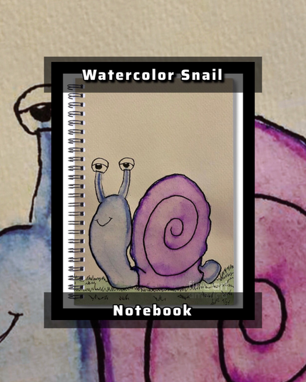A serene scene featuring a blue and purple snail with a content expression. On a notebook. 