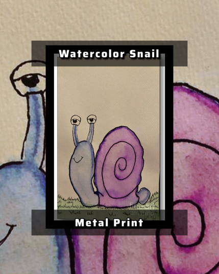 A serene scene featuring a blue and purple snail with a content expression. On a metal print. 