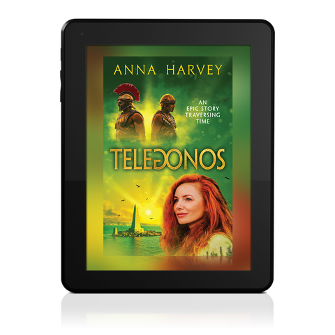 Book cover of novel Telegonos with female figure in foreground against a scene of a monument in the bay and above two competing ancient warriors. 