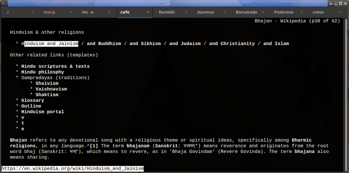 The screncap shows an IPS LED panel displaying a Wikipedia article on "Bhajan" portraied in links, the text browser
The screen is in a bash terminal window with a black background and white text. The title "Bhajan - Wikipedia (p38 of 62)" is visible at the top. The article discusses the term "Bhajan," which refers to devotional songs with religious themes or spiritual ideas, particularly among Dharmic religions. It mentions that the term originates from Sanskrit and means reverence, as in "Bhaja Govindam" (Revere Govinda). The article also lists related links and templates, including "Hindu scriptures & texts," "Hindu philosophy," and "Samprayadas (traditions)." The terminal window is part of a desktop environment with several tabs open, including "mocp," "mc-a," "cafe," "RemAD," "Azureus," "BanaGado," and "Poderoso." The bottom of the screen shows a URL: "https://en.wikipedia.org/wiki/Hinduism_and_Jainism."

Ovis2-8B

🌱 Energy used: 0.222 Wh