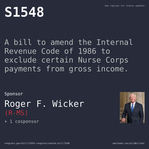 Description of S1548, and a depiction of its sponsor, Roger F. Wicker.