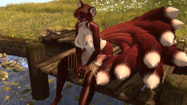Woman kitsune sitting on the edge of the port