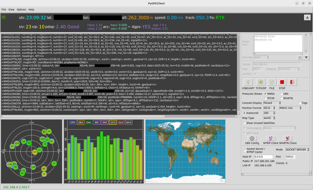 A screenshot of PyGPSClient, showing the NMEA feed from a GNSS receiver, a skyplot of visible satellites, a comparison of signal strengths across satellites, and a world map.