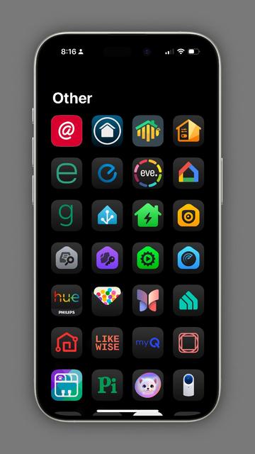 Screen shot of iPhone displaying a collection of app icons, many that have house style icon for smart home functionality 