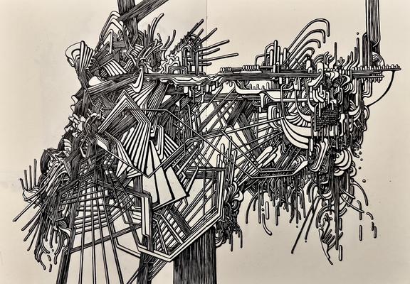 An abstract illustration spanning two pages of an open sketchbook. Angular lines/pipes and organic shapes chaotically intertwined with each other to create a mechanical form.