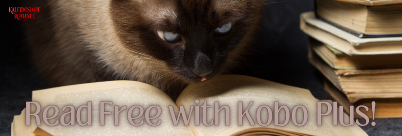 A graphic with a cat looking at an open book. Text reads: Read Free with Kobo Plus