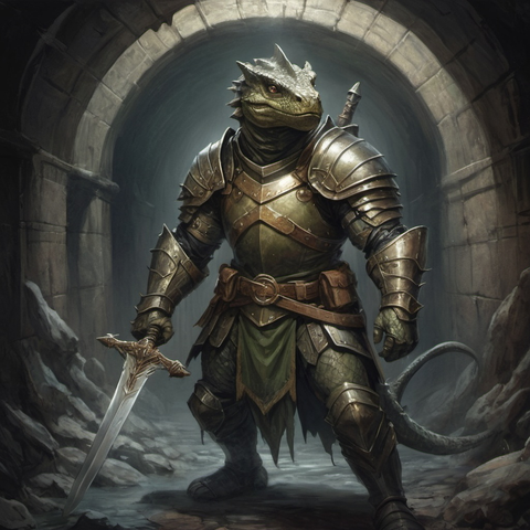 Model: OpenArt SDXL
(dark colors, heavy brushstroke, comic book illustration, belle epoque fantasy) muscular reptile wearing knight armor traveler traversing medieval underground sewers, with a long sword