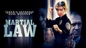 The image features a promotional poster for the movie "Martial Law," showcasing a female martial artist in a fighting stance Z. The background includes images of other characters and elements related to the film, with the title prominently displayed.
