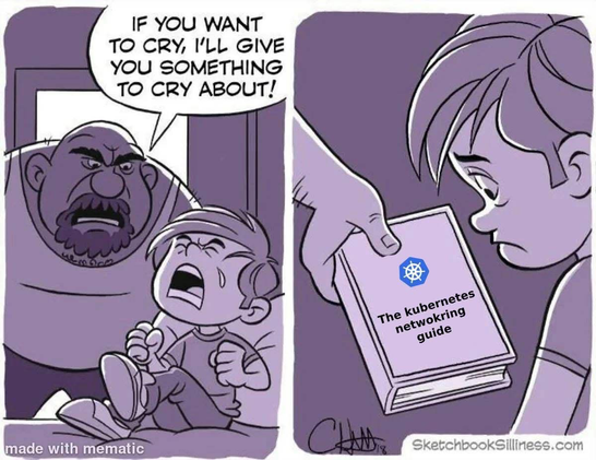 Tech humor meme. A man threatens a crying child with 'something to cry about,' which turns out to be a complex book titled 'The kubernetes networking guide.'