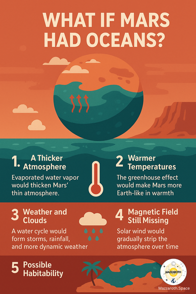 Artistic poster showing imagined oceans on Mars, with surfers, pink skies, and red terrain.