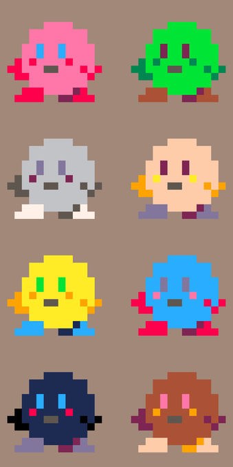 Pixel art of 8 Kirbys with palette swaps. Their chief colors are: Pink, Lime, Silver, Peach, Lemon, Cyan, Navy, and Coffee.