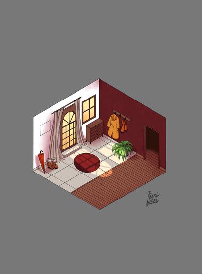 Une vue isométrique sur une entrée de maison. Il y a un grand tapis rond et rouge devant la porte d'entrée, une commode à droite de la porte, des patères avec un petit manteau jaune et une écharpe orange. A gauche de la porte, il y a un parapluie et une paire de bottes marron. La lumière est chaleureuse et la lumière des fenêtres se dessine au sol.