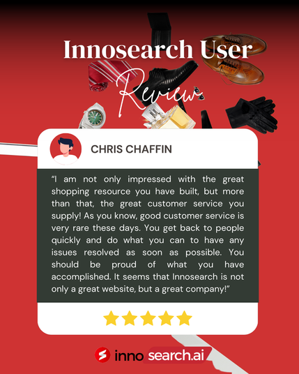 Customer review for Innosearch on a red background with blurred product images. White speech bubble contains a 5-star review from CHRIS CHAFFIN praising their shopping resource and excellent, rare customer service with quick responses and issue resolution. Five gold stars are shown below the review. The Innosearch logo ("S" with swoosh) and website "inno search.ai" are at the bottom. Top text reads "Innosearch User Review".







