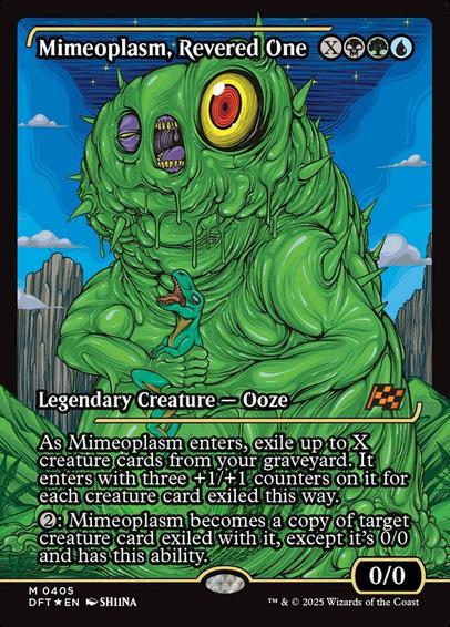 Card Name: Mimeoplasm, Revered One
Set: Aetherdrift
Description: As Mimeoplasm enters, exile up to X creature cards from your graveyard. It enters with three +1/+1 counters on it for each creature card exiled this way.
{2}: Mimeoplasm becomes a copy of target creature card exiled with it, except it's 0/0 and has this ability.
Artist: SH11NA